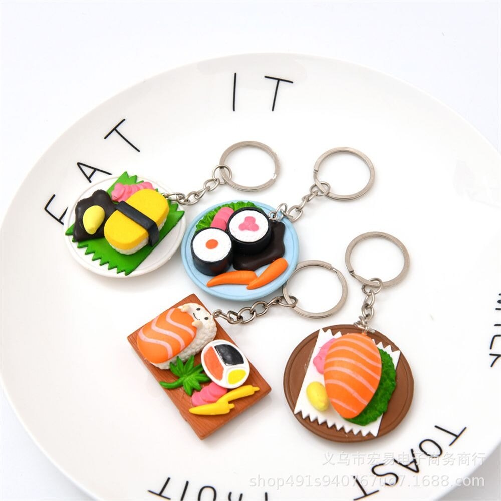 Zalm Plakjes Sushi Vormige Sleutelhanger Sleutelhanger Voedsel Simulatie Hanger sleutelhanger Auto Tas Accessoires Willekeurige Kleur