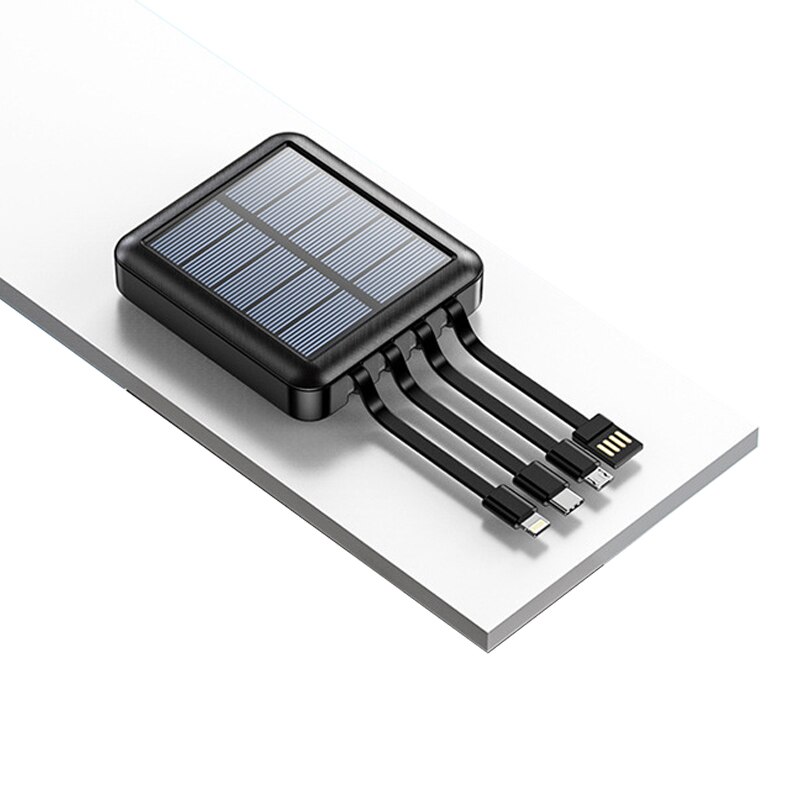 20000 Mah Solar Power Bank Met Micro Usb Type C Lightning Kabel Draagbare Oplader Led Zaklamp 4 Poorten Power Bank: Black