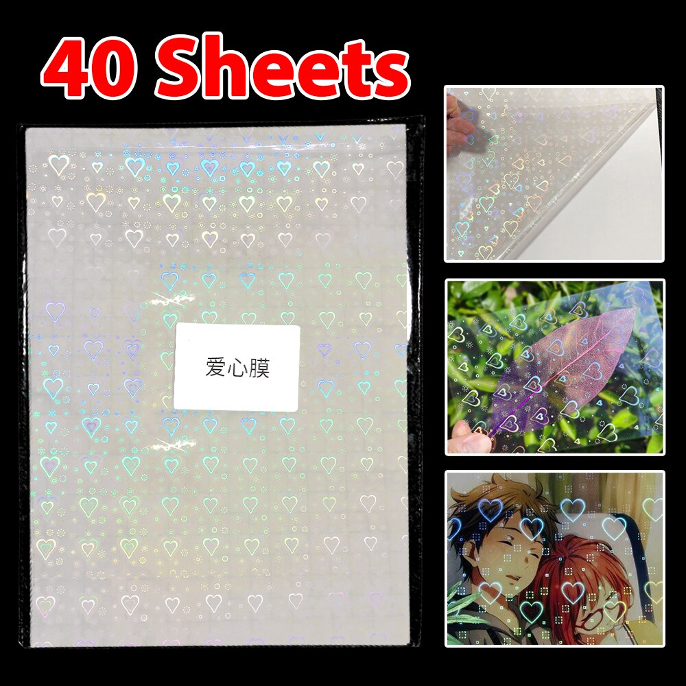40 arkuszy holograficzna folia piaskowa czarny w gwiazdy zimna folia laminacyjna powrót wytłaczanie na gorąco na papierze na zdjęciu folia do laminowania to karta DIY: 40-Love Heart