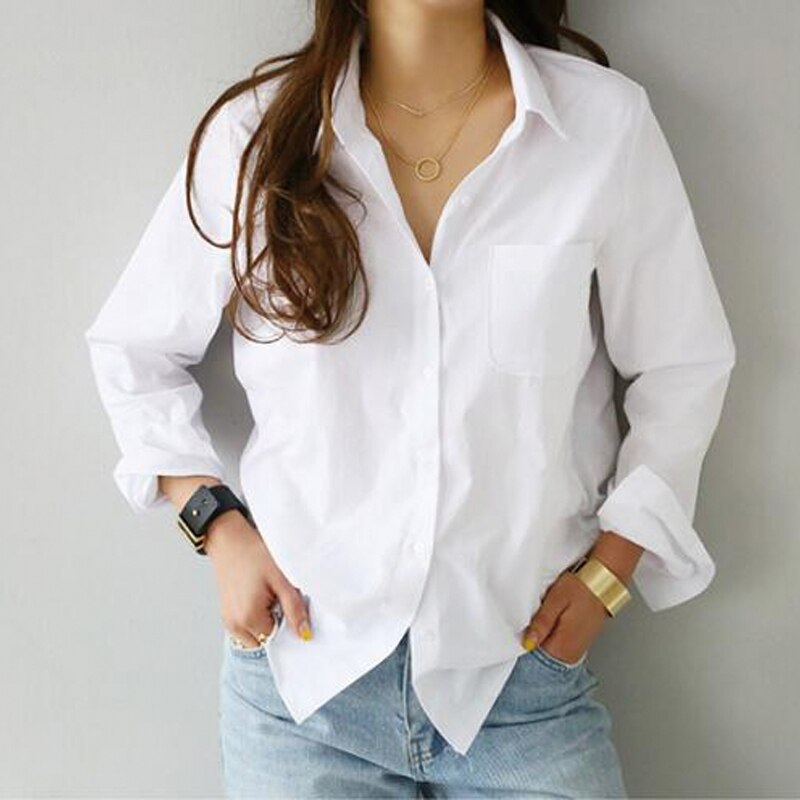 Ladies Loose Shirt Women Blouse Casual Lady Soft White OL Style Womens Workwear Office Female Tops Pure Lapel Blouses: XL