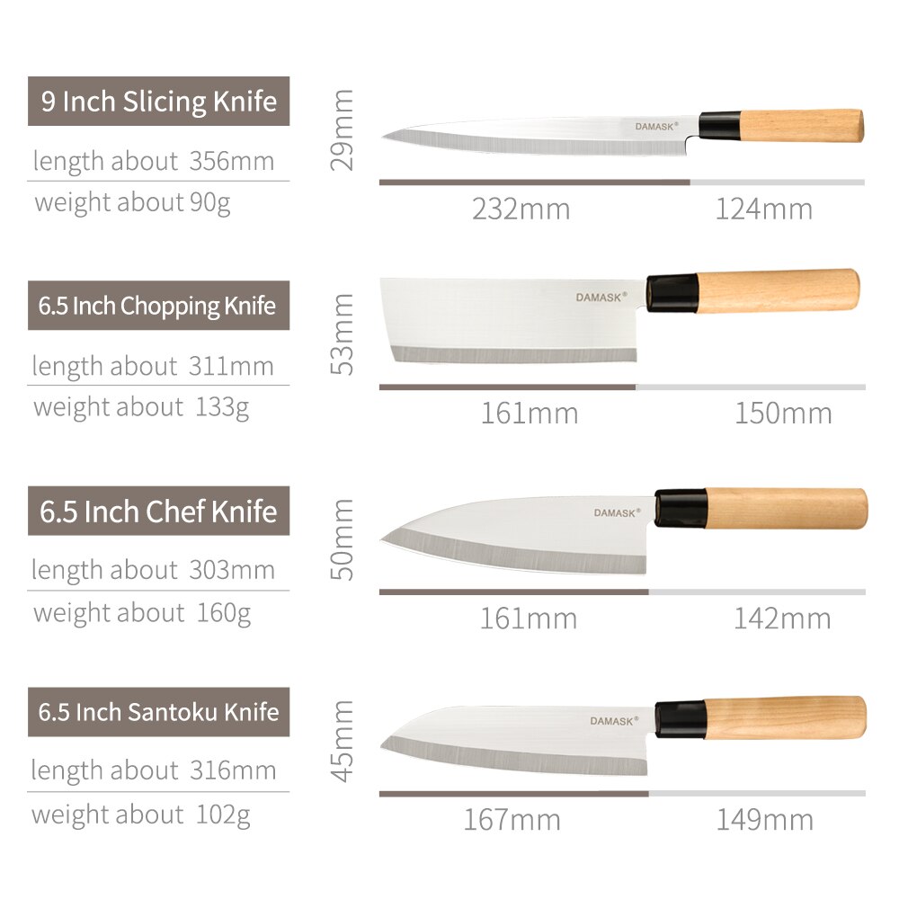 Damask køkkenkniv rustfrit stål knive sæt træskaft ultra skarp sashimi santoku chop kokkekniv madlavningstilbehør