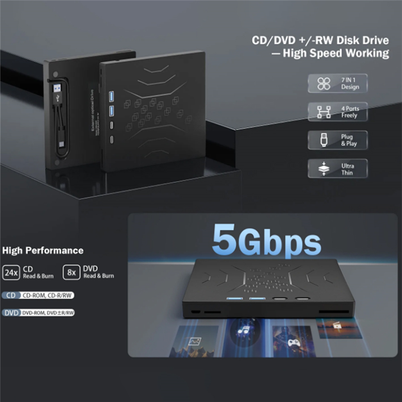 ELECT-7-in-1 externer CD-/DVD-Laufwerk-Player USB3.0 Tragbares externes Festplattenspiel mit optischem Laufwerk CD-Brenner für PC Laptop