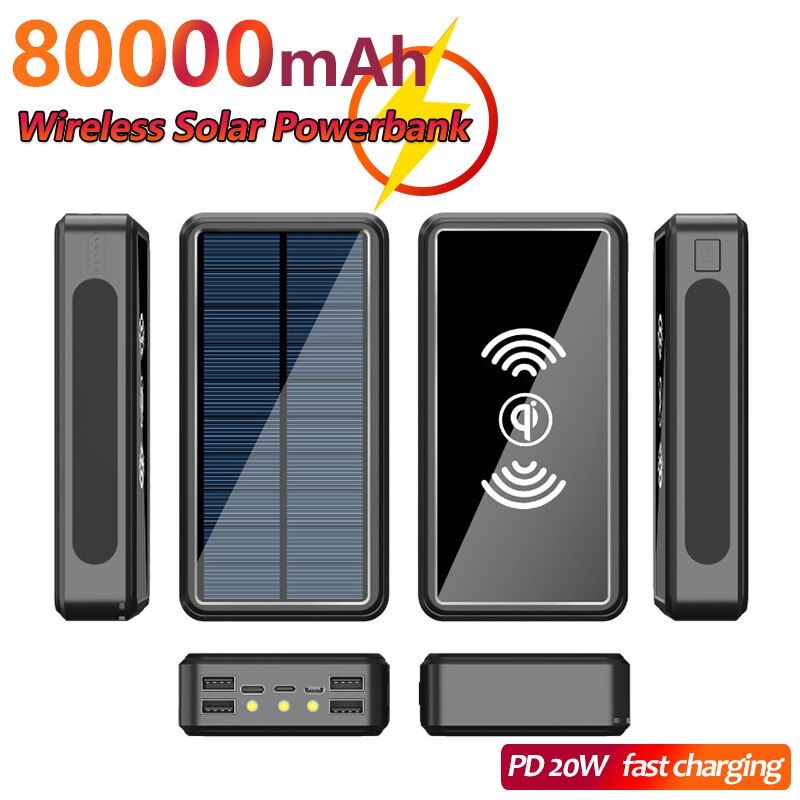 80000mAh Solar Wireless Charging Power Bank for Business Travel Camping External Battery Portable Fast Charging External Battery