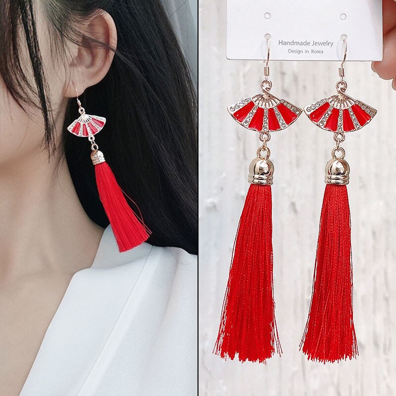 chinese traditional red tassel fringe earrings: 3