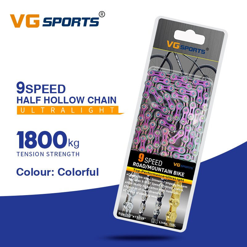 VG Sports 9 Speed Bicycle Chain Half/Full Hollow 116L Titanium Gold Silver Color with MissingLink MTB Mountain Road Bike Chains: 9s Half hollow