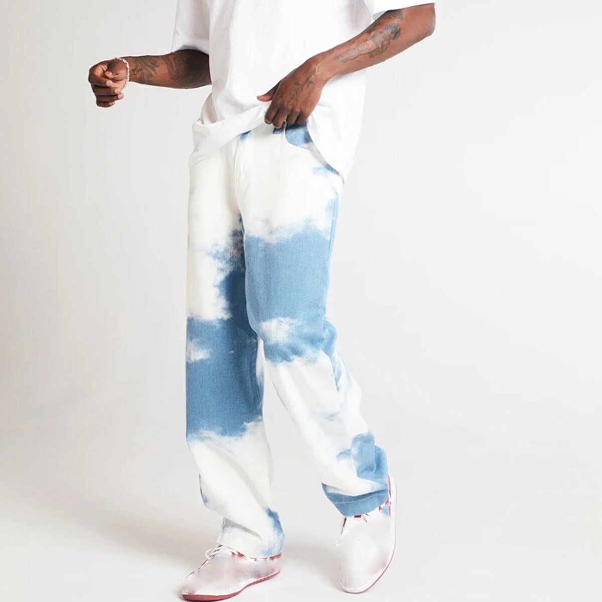 Men Stylish Tie-Dye Printed Jeans Mid Waist Wild Loose Leg Long Pants Casual Washed Straight Denim Trousers