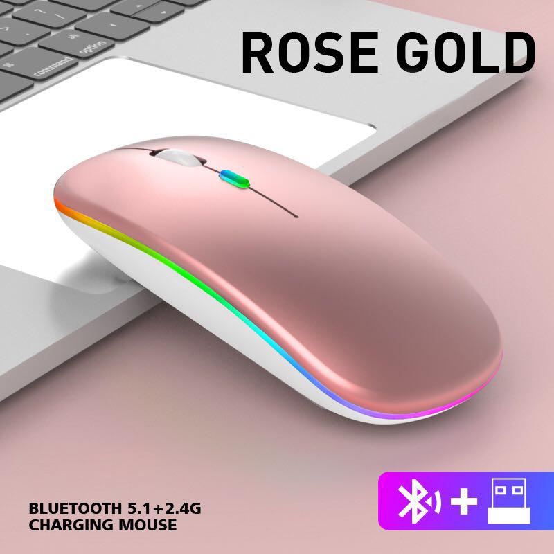 Wireless Luminous Computer Mouse Noiseless Sound Charging 2 Moldes Bluetooth Backlight 1600dpi for Laptop: Rose gold