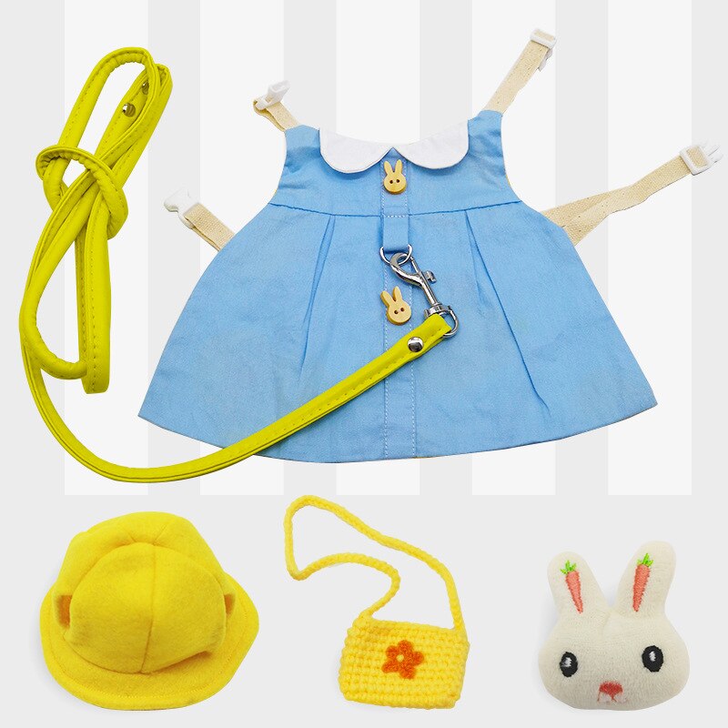 Konijn Jurk Kleine Dier Harnas Vest En Riem Met Mini Hoed Tas En Konijn Broche Escape-Proof Huisdier Bunny kleding Accessoires: blue Set / L