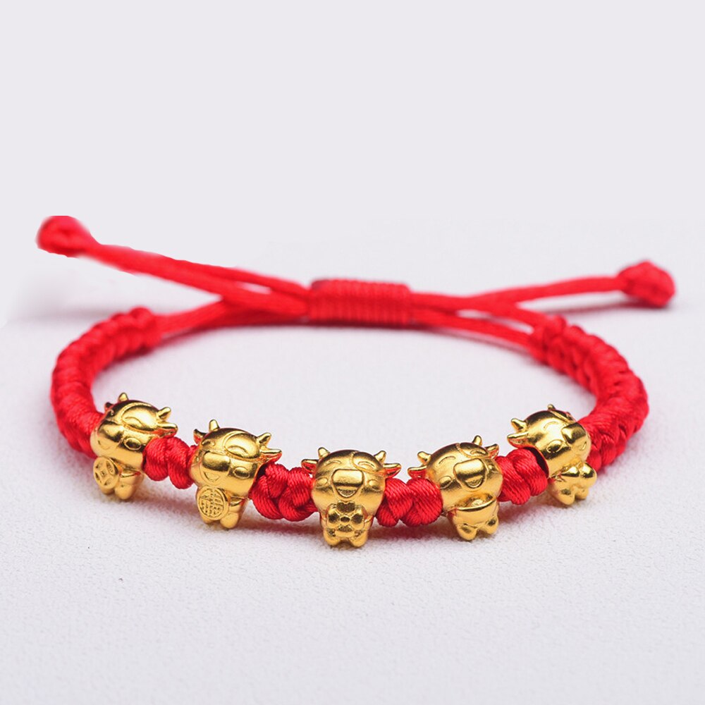 Wufu bull transferência grânulo corda vermelha mascote zodíaco cowe pulseira de ouro mulheres homens sorte animal bangle chinês ano novo presentes: Alloy-red