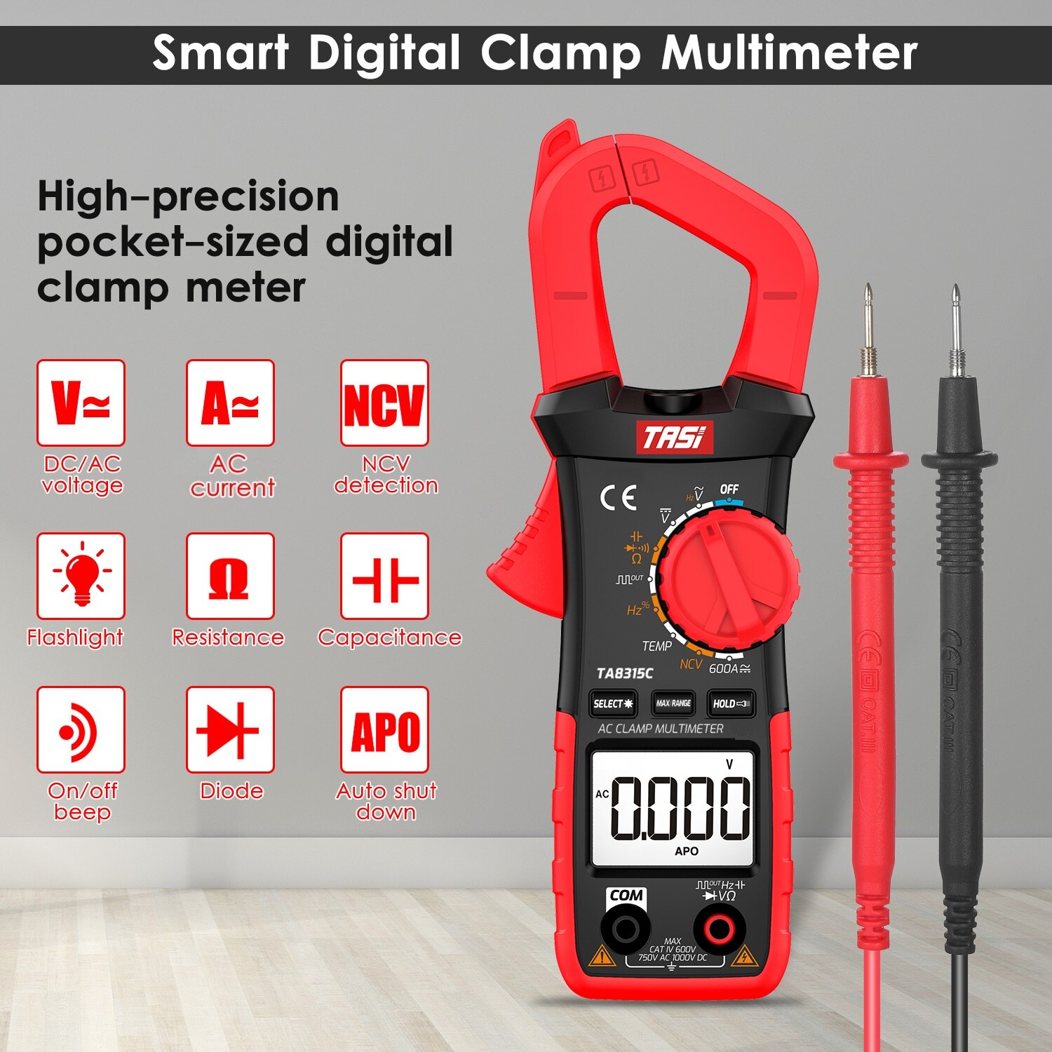 TASI TA8315A Digital Clamp Meter Multimeter Tester True RMS Multimeter Tester OHM NCV DC/AC Voltage Meter: TA8315C