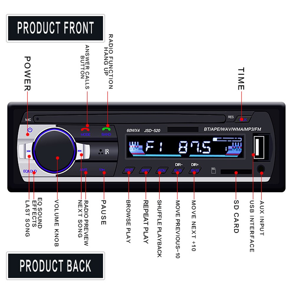 Podofo JSD-520 rádio do carro no traço 1 din gravador de fita mp3 player fm áudio estéreo usb/sd entrada aux porto iso bluetooth autoradio