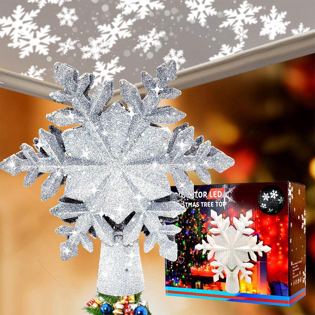 Christmas Tree Topper Lighted with White Snowflake Projector Rotating 3D Glitter Lighted Christmas Decorations for Tree