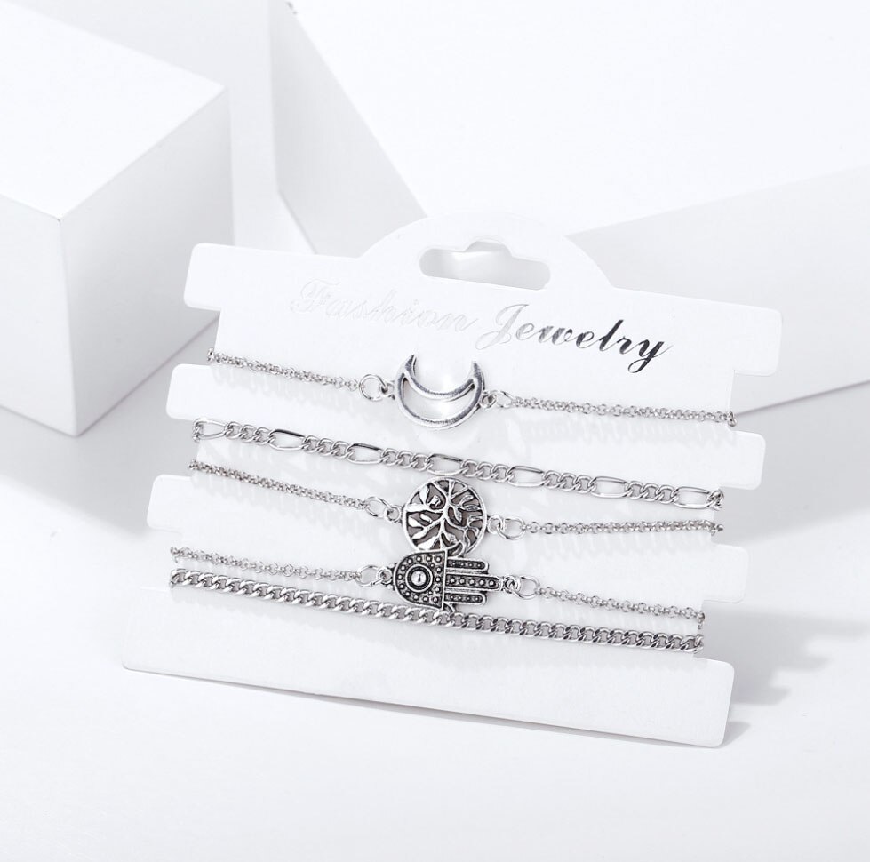 Bracelet Anklet sets 5pcs/set Hand Tree Leaf Moon charm metal chain silver color plated Figaro O chain Women