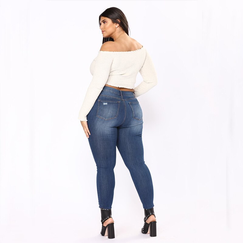 Pencil Blue Denim Pants Woman Ripped Hole Washed Jeans Female Big Hip Plus Size 7X Trousers