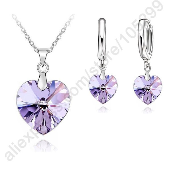 Romantische Violet Kristal Oceaan Hart 925 Sterling Zilveren Hanger Ketting Oorbel Fijne Sieraden Set Met Lever Terug Earring
