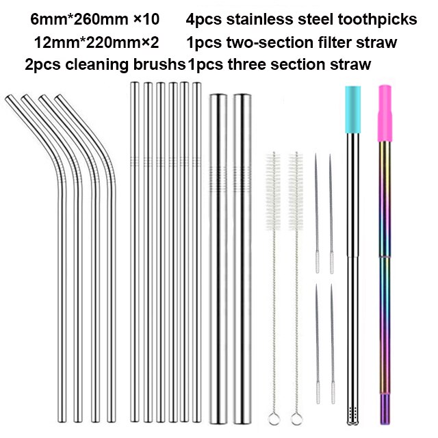 Paille métallique réutilisable 260x6mm, en acier inoxydable 304 de avec brosse de nettoyage pour tasses 20/30oz,: Family group