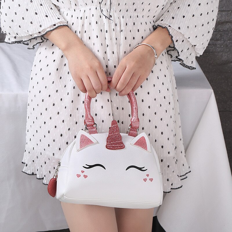 Cartoon Cute Cat Handbag PU Leather Lovely girl Hand bag Ladies Convenient Messenger Shoulder bag White Pink Color Shell package