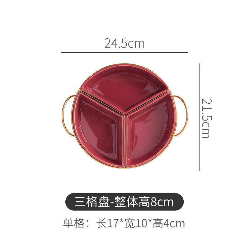 Northern European Style Ceramic Fruit Plate Color Glaze Dividing Plate Household Snack Plate Nut Plate Dry Fruit Box: Red Three Squares
