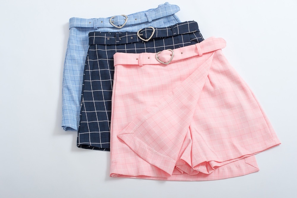 Sommer høj talje søde sashes nederdele kvinder nederdel shorts slank korean lynlås plaid pink blå preppy stil