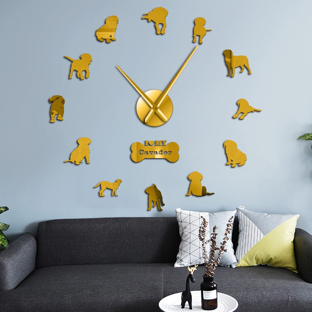 Gemengde hondenras cavador 3d acryl diy wandklok cavalier king charles spaniël labrador retriever puppy hondje huisdier wandhorloge