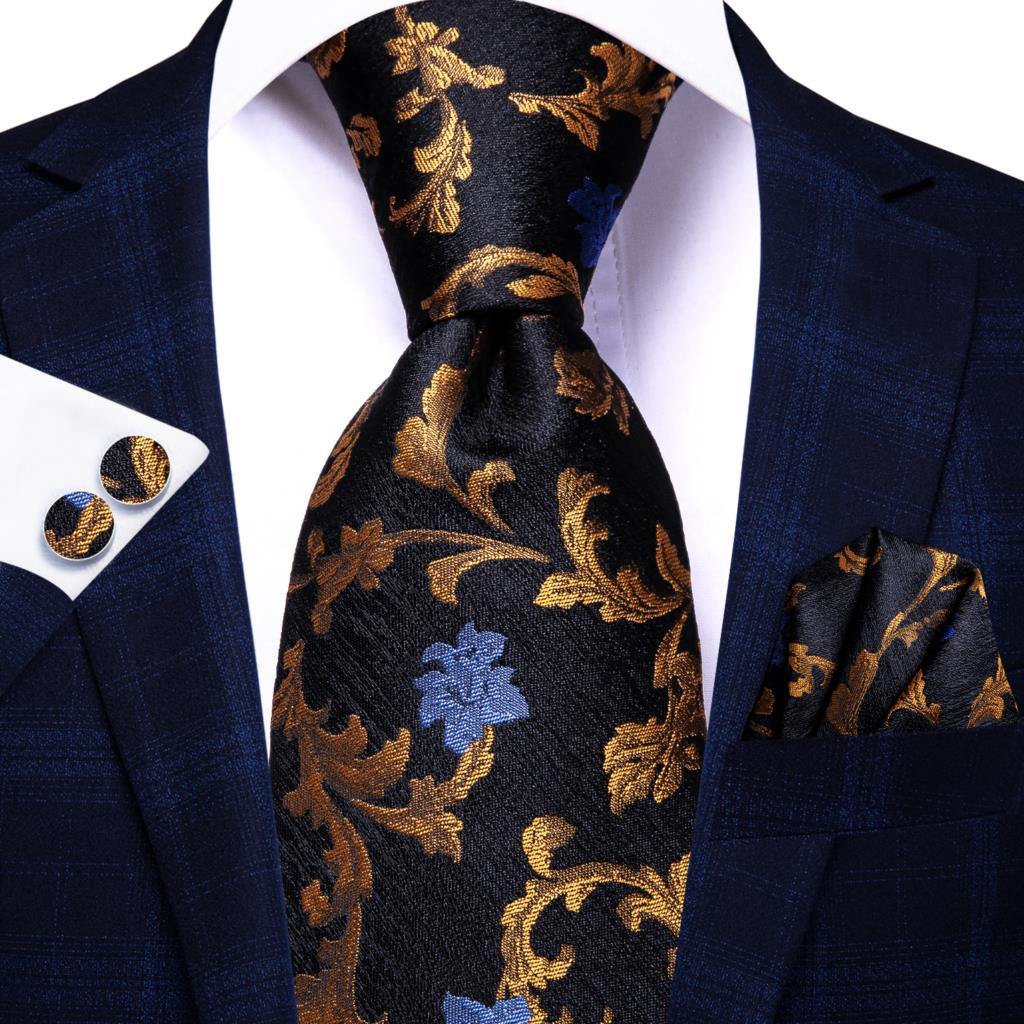 Hi-Tie-Corbata de boda de seda negra con Floral dorado para hombre, corbata de boda con de , para negocios,: Default Title