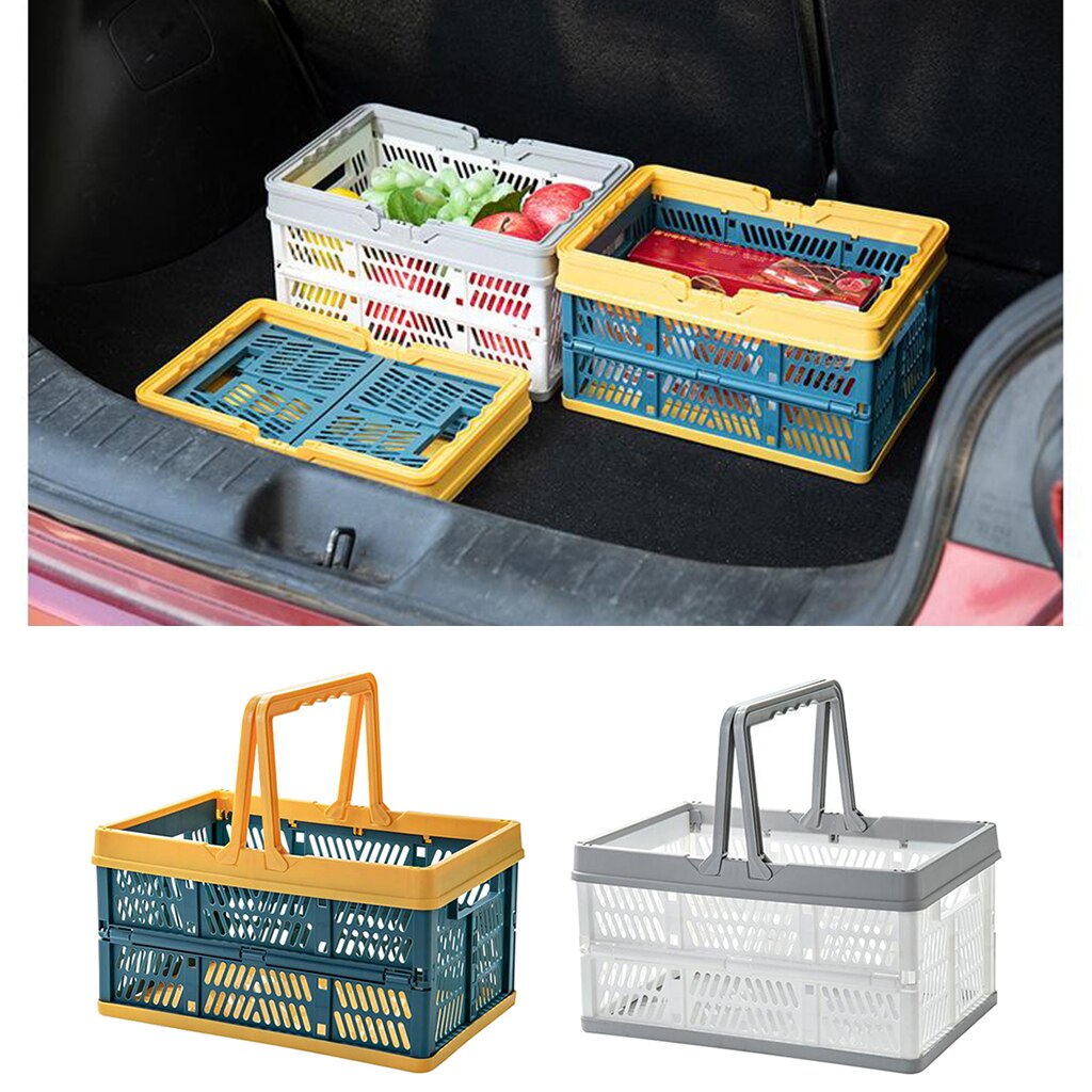 Collapsible Shopping Basket Plastic Folding Storage Crate Stackable Grocery Bin Foldable Storage Box Handles Plastic Tote Bag