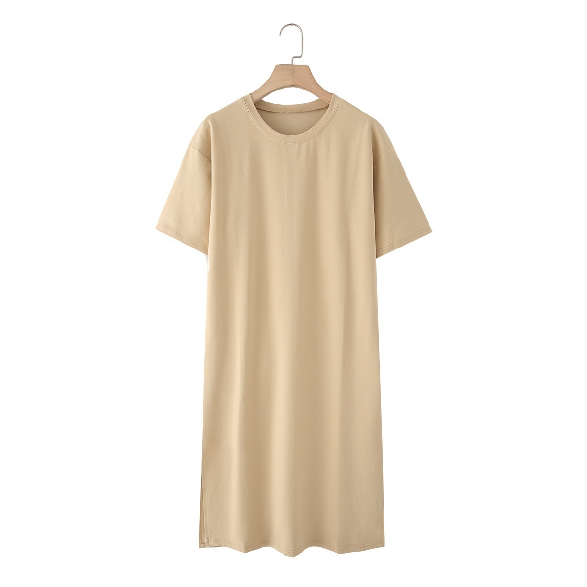 UNIZERA Summer Women's Lazy Simple Short-sleeved Round Neck T-shirt Dress Versatile Loose Slit Long Skirt: S / Khaki