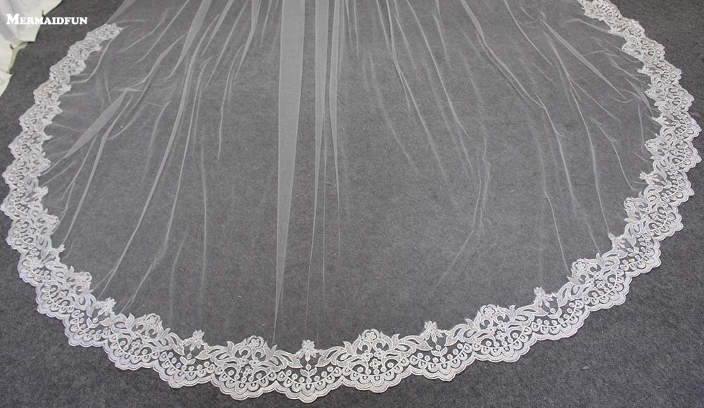 Partial Lace 3M Long Wedding Veil One Layer Cathedral Bridal Veil with Comb Welon Bride Veil Voile Mariage
