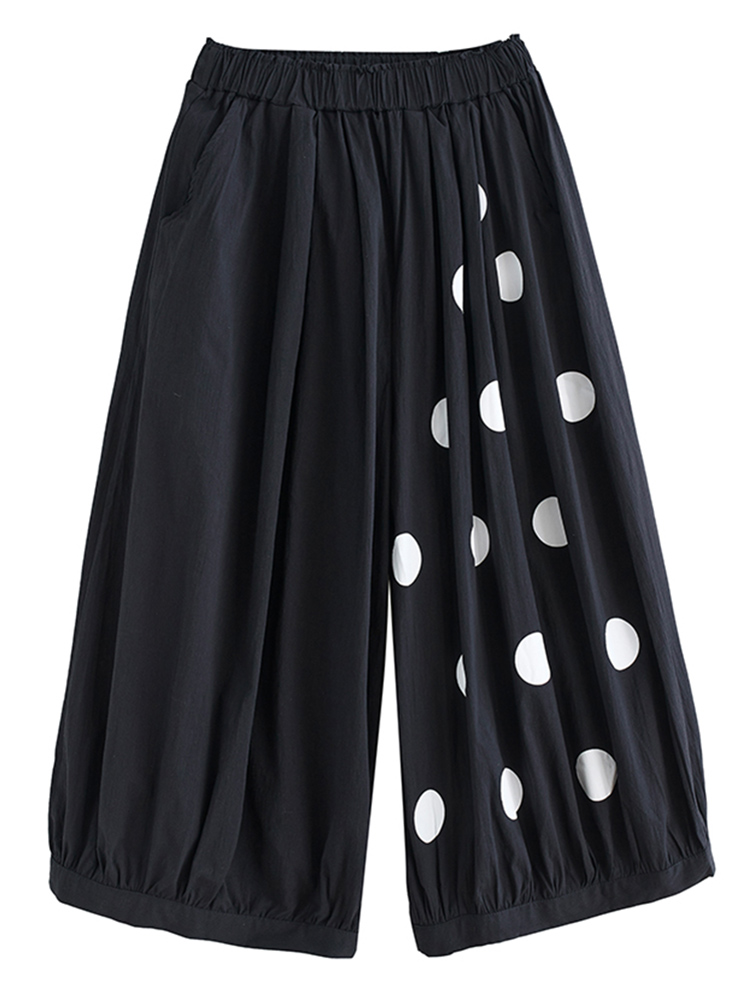 Svarta vintage prickiga byxor med hög elastisk midja och vida ben för kvinnor vår/höst avslappnade lösa byxor streetwear: Svart