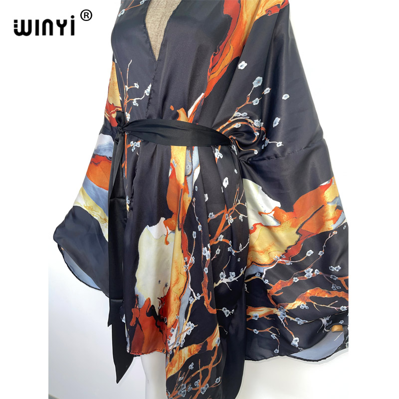 2022 WINYI Summer Bohemian Printed Bikini Cover-ups Self Belted Kimono Dress Tunic Women Beach Wear Swim Suit Cover Up
