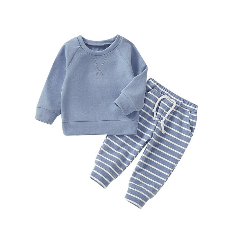 Baby baby piger drenge langærmet bluse stribet mønster bukser pyjamas nattøj sæt: Blå / 9m