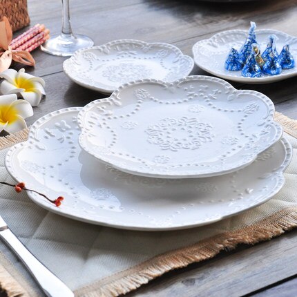 European Style Flat Plate-6&quot;8&quot;10&quot;Western Steak Plate -Embossed Round Shallow Plate Pure White Bone China Dessert Tray Home Acces