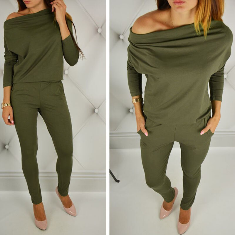 Spring Women Tracksuit Off Shoulder Jumpsuit Lady Female Woman Sportswear Sport Jumpsuit Fitness Training Exerceise Clothing Set: Green / XL