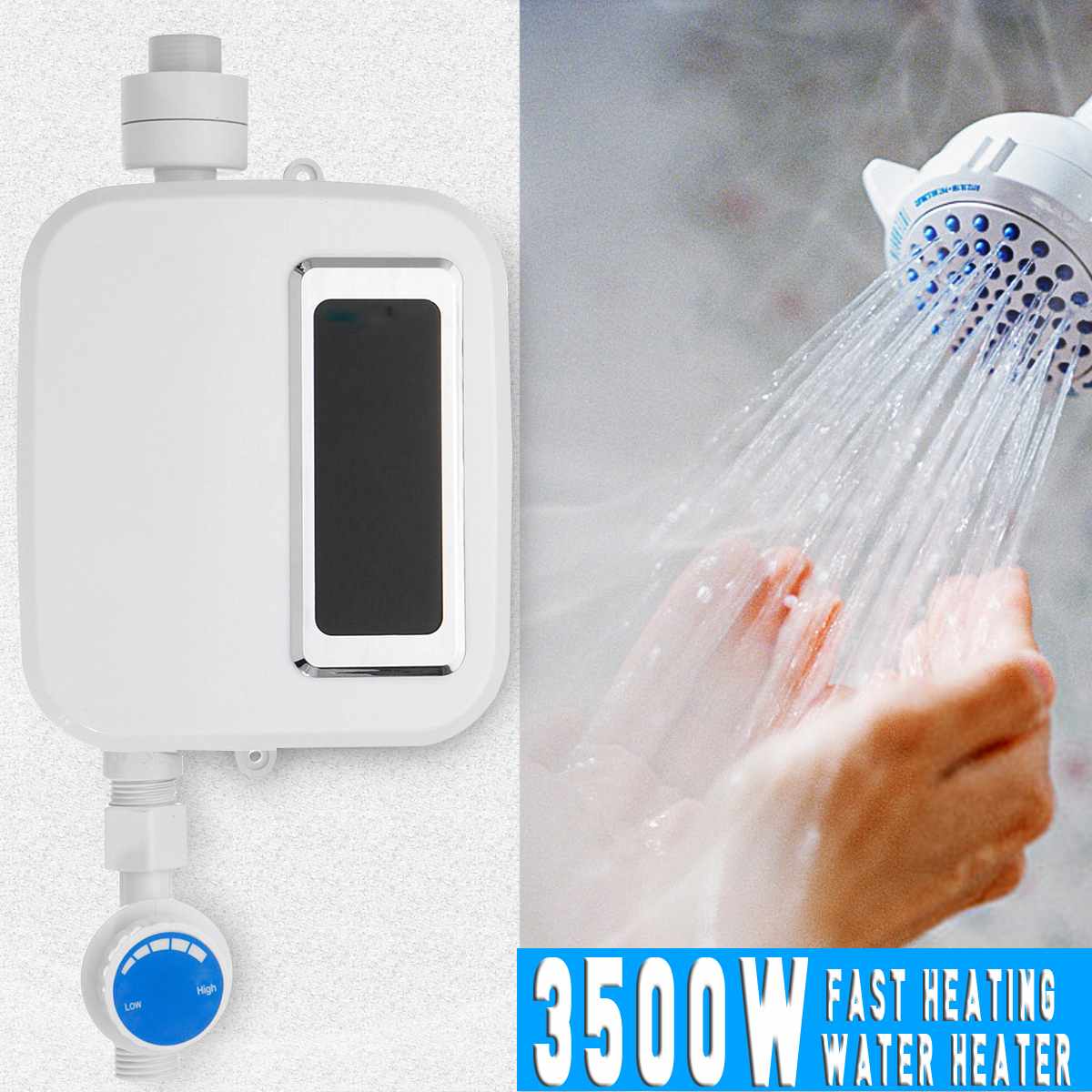 3500W Stainless Steel Electric Water Heater Mini Instant Tankless Kitchen Bathroom Water Heater Temperature Control LCD Display