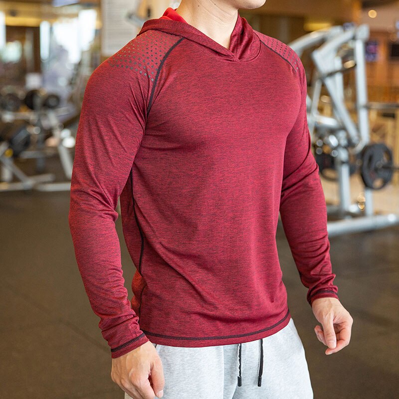 Herfst Gym Mannen T-shirt Casual Lange Mouwen Slim Tops Tees Elastische T-shirt Sport Fitness Ademende Quick Dry Hooded T shirt: L1084 red / Xl