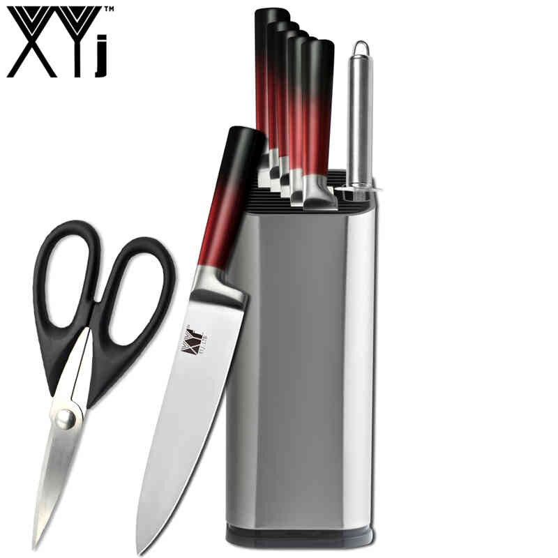 Xyj 9 stk rustfritt stål kniver sett kjøkken saks slipeverktøy bar kokk brød santoku skjæringe verktøy skrelle kniv: 9 stk sett