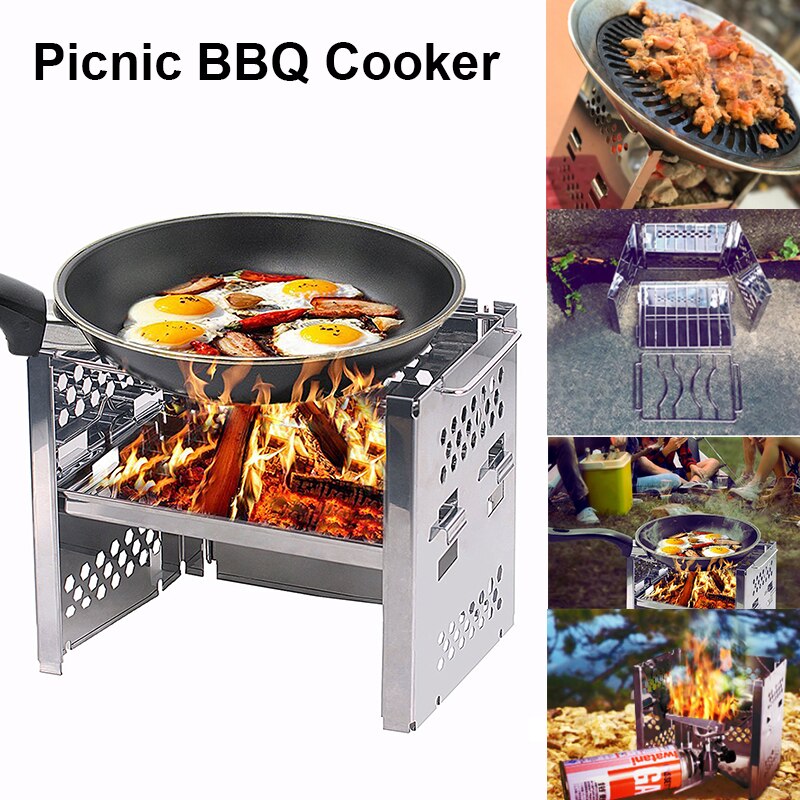 Rostfritt stål vedeldad campinggrill picknick bbq spis bärbar hopfällbar backpacking spis grill för utomhusbruk
