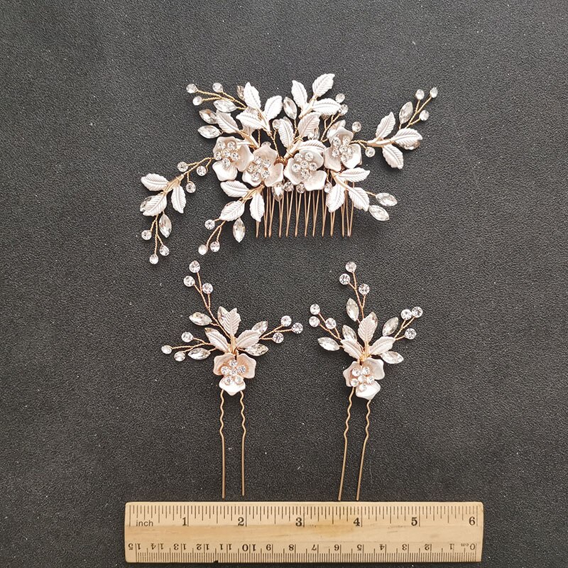 Slbridal handgemaakte oostenrijkse kristal bruids haarspeldjes haarspeldjes haarspeldjes bruidsmeisjes sieradensets: Gouden kamset