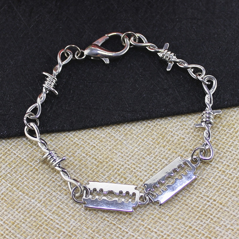 Ensemble Punk, gothique, en alliage de fils de fer barbelé, rambardes, lame, collier, lien, bijoux Bracelet, ras du cou hanche, unisexe, pour femmes, hommes et femmes