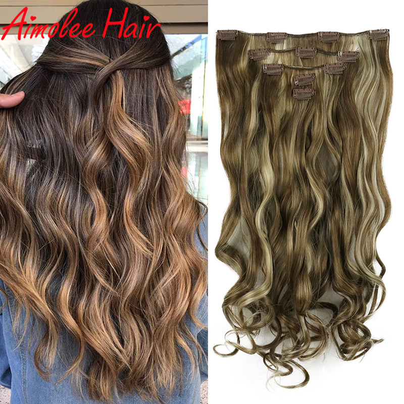 20 " lang 5 stk/sæt bølget sort brun highlight hair extension syntetisk 11 clips in on hair extensions varmebestandigt hårstykke