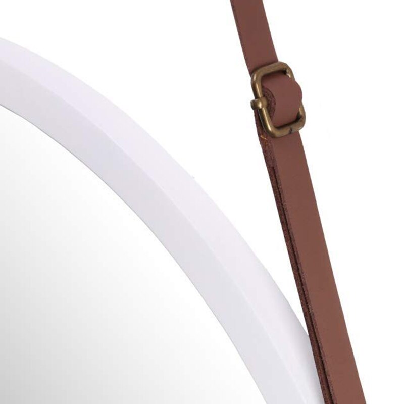 Ronde wandspiegel voor in de badkamer en slaapkamer - massief bamboe frame en verstelbare leren band (wit , 15 inch)