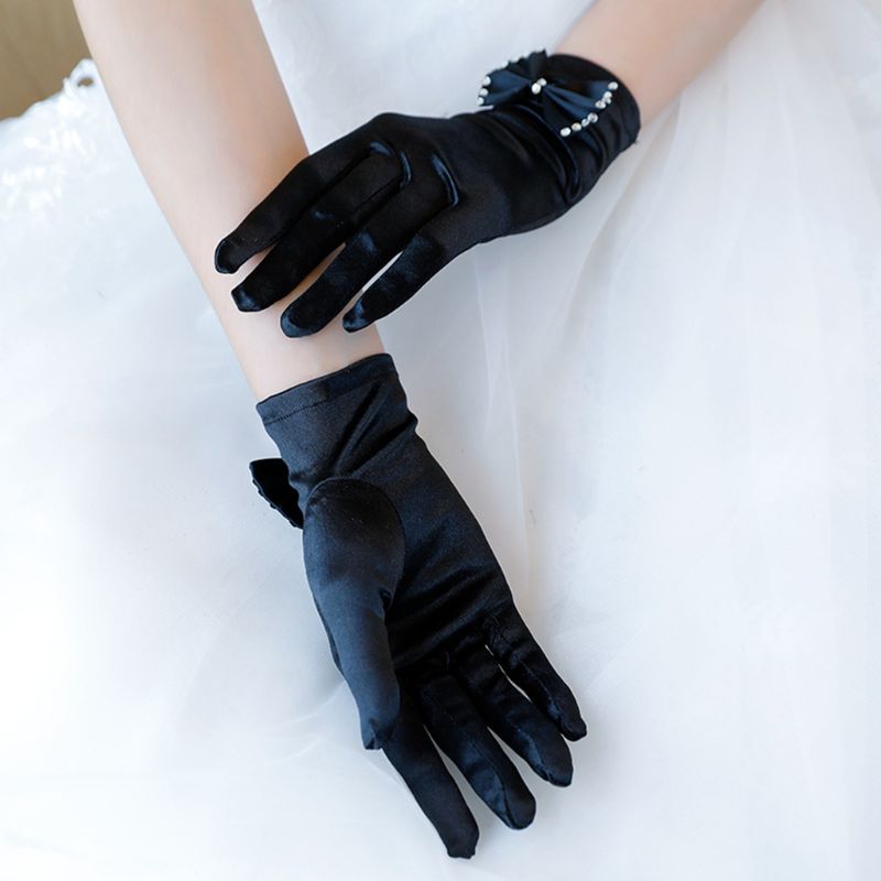 Gants de mariage courts en Satin Vintage, avec nœud papillon en strass, mitaine de fête à clapet des années 1920