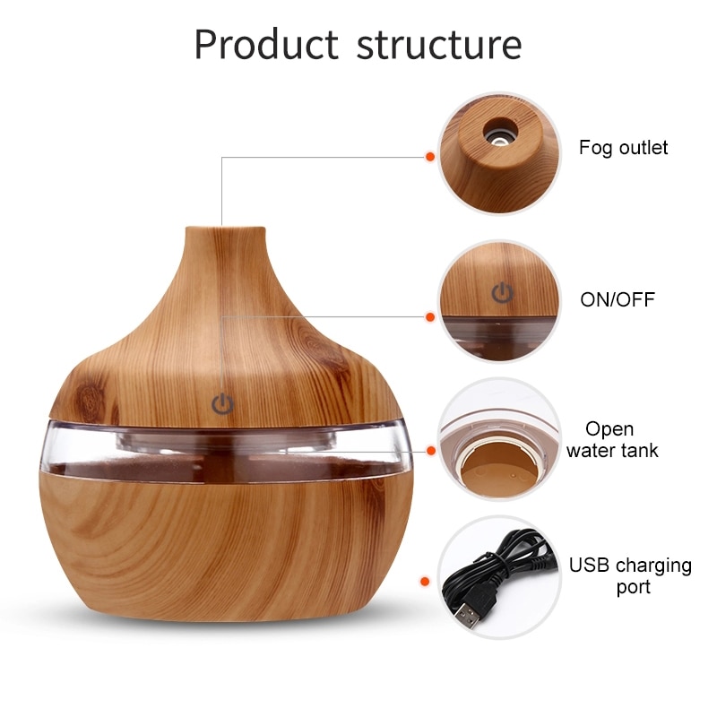 300Ml Usb Elektrische Aroma Air Diffuser Hout Ultrasone Luchtbevochtiger Essentiële Olie Aromatherapie Cool Mist Maker Voor Thuis Auto