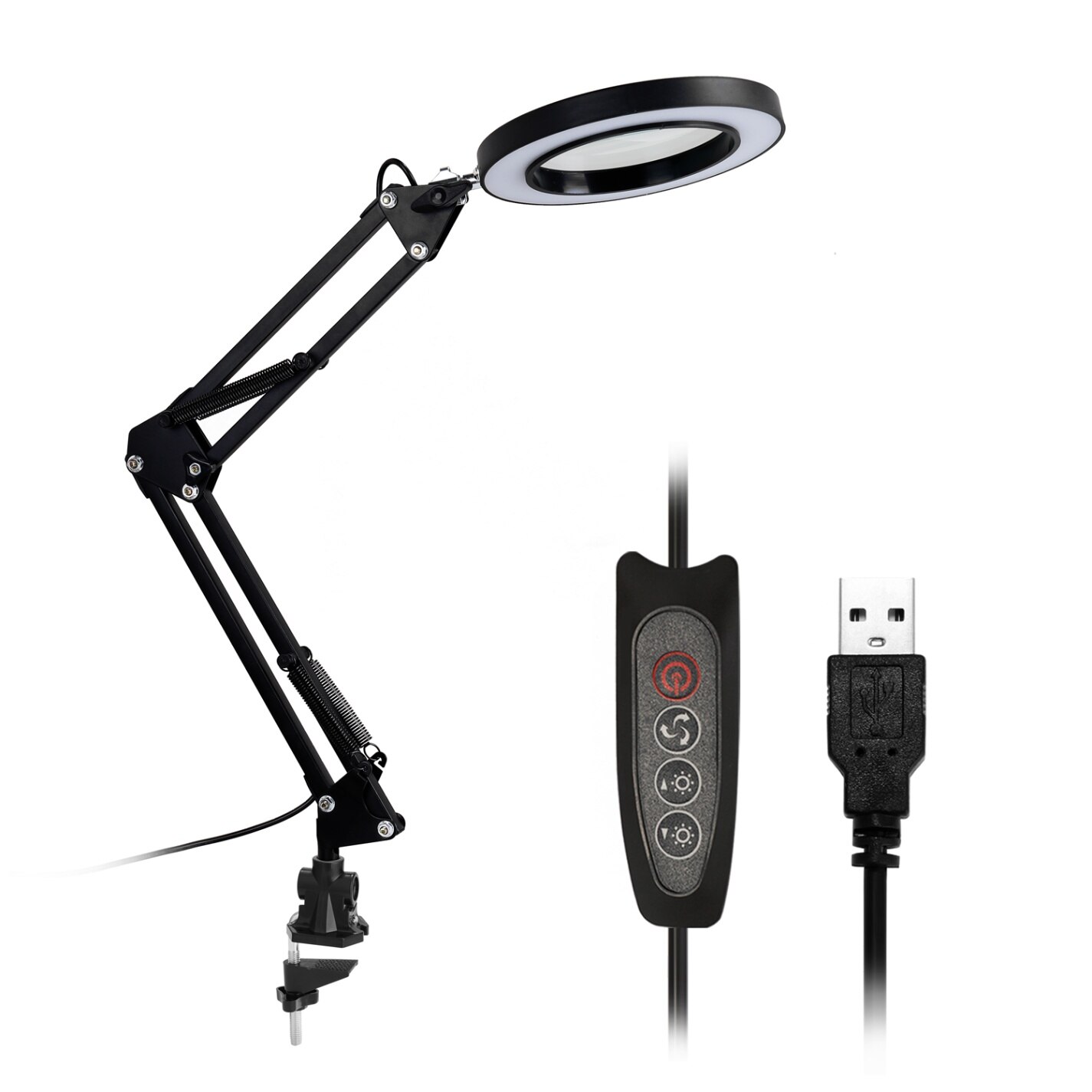 Lighting Magnifier 5X Magnifying Glass Desk Lamp Magnifier LED Light Foldable Reading Lamp Magnifier USB Power Supply: Black  C-clamp