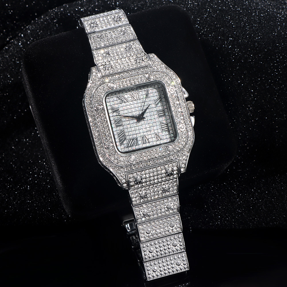 Iced out dameklokke gull sølvfarget firkantet diamanter kvarts luksuriøs hiphop-armbåndsur romersk klokke feminin relogio feminino