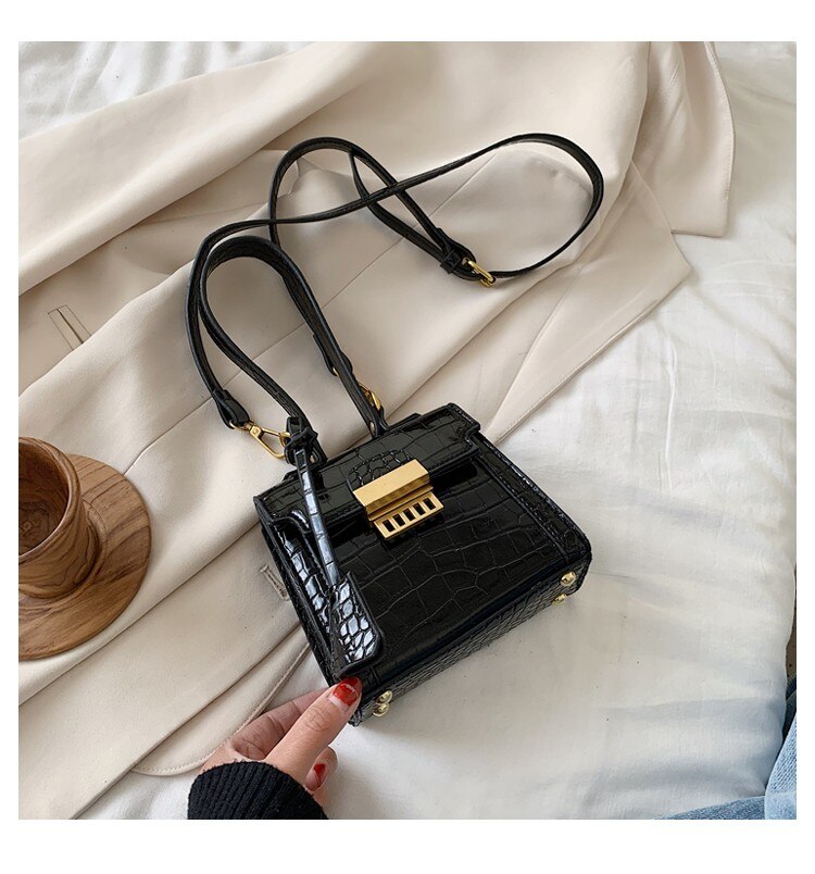 Sten mønster super mini taske pu læder tote tasker til kvinder sommer skulder messenger håndtasker kvindelig crossbody taske: Sort