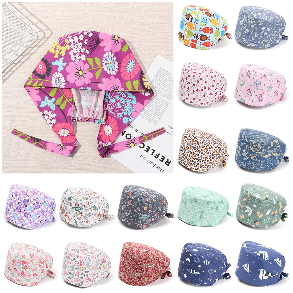 1PC Cotton Scrub Cap Adjustable Elastic Printing Hat Bouffant Head Cover Kitchen Hat With Sweatband Hair Accessories for Unisex