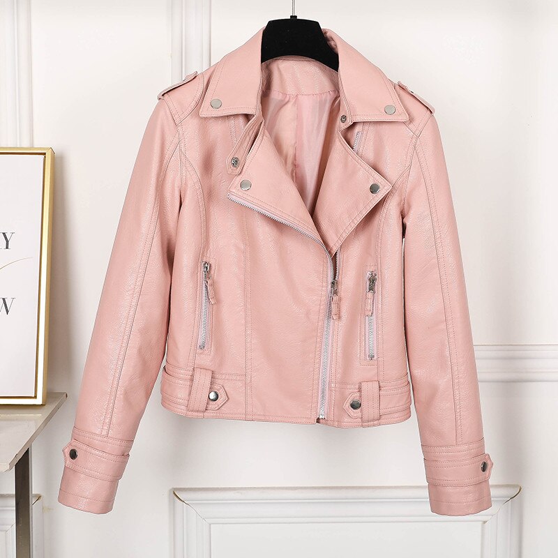 Aelegantmis Dünne Frauen Faux Leder Jacke lässig Radfahrer Motorrad Jacken Weibliche Punk Streetwear Frühling Herbst Mantel: Rosa / XXL