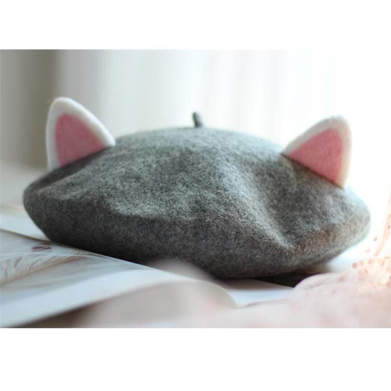 Gorro de pintor para mujer, gorro de lana hecho a mano con orejas de gato, creatividad, bonito gorro de Otoño Invierno, disfraz de fieltro de lana, boina divertida de dibujos animados: Gris