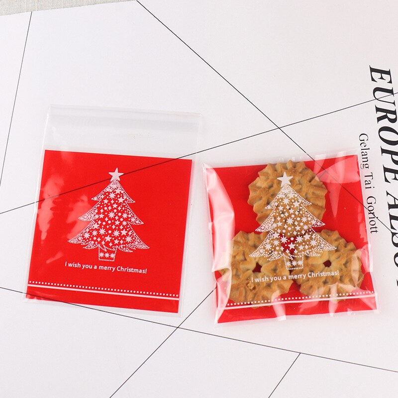 100Pcs Xmas Self-adhesive Cookie Packaging Plastic Bags Christmas Cellophane Party Bags Candy Bag Festival Party Favor